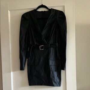 Faux Leather Black Wrap Belted Jacket Dress